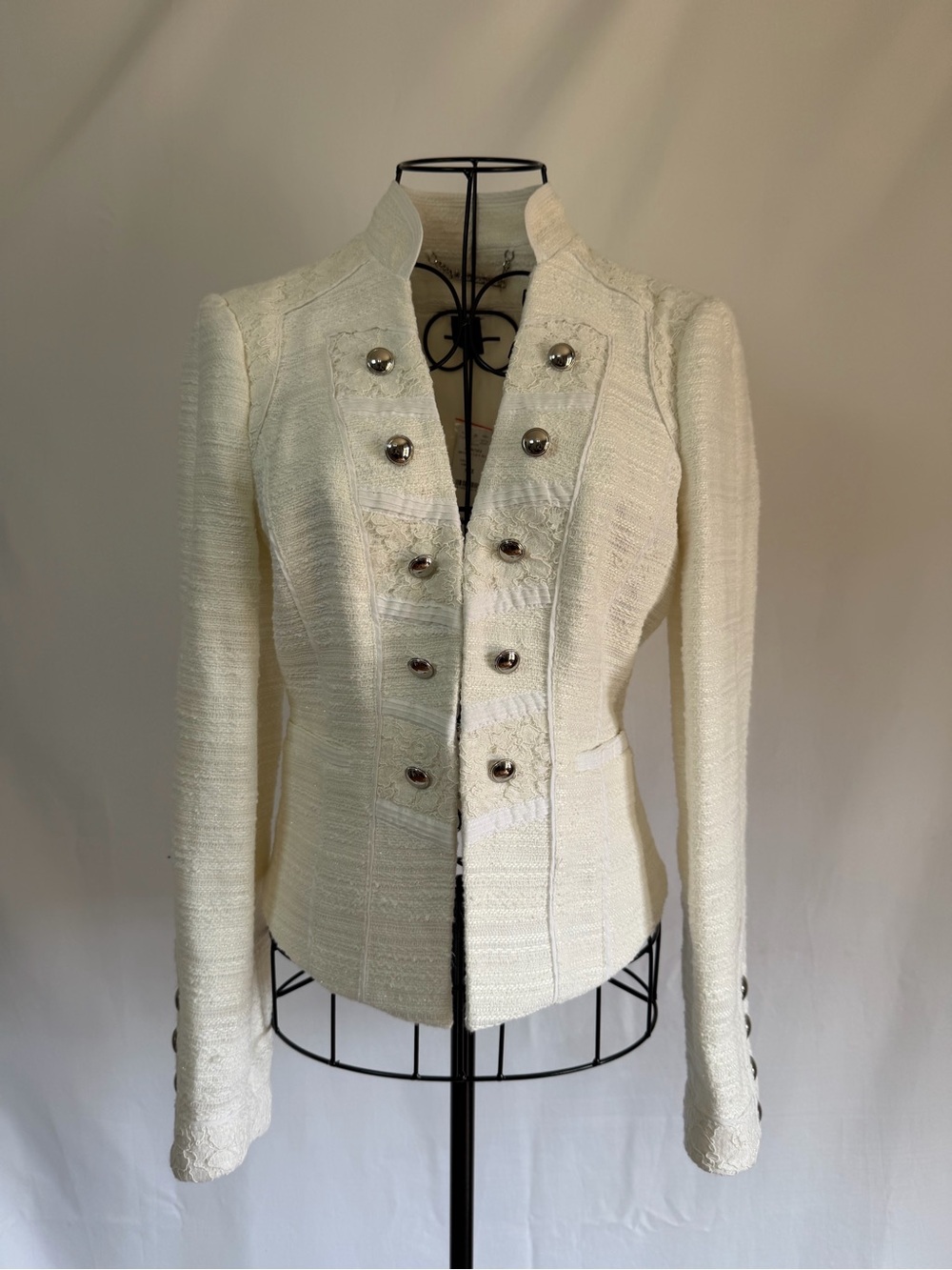White House Black Market Cream Tweed Double-Breasted Military Blazer